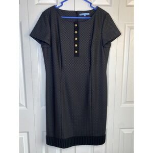 Antonio Melani Dress Black Sheath Gold Buttons Silk Ruffled Hem Diamond S12